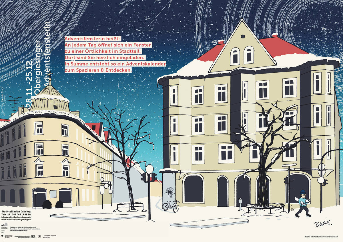 Bild des Programmflyers: Illustration der Gebäude St.-Martin-Str. 2 und Tegernseer Landstraße 49a