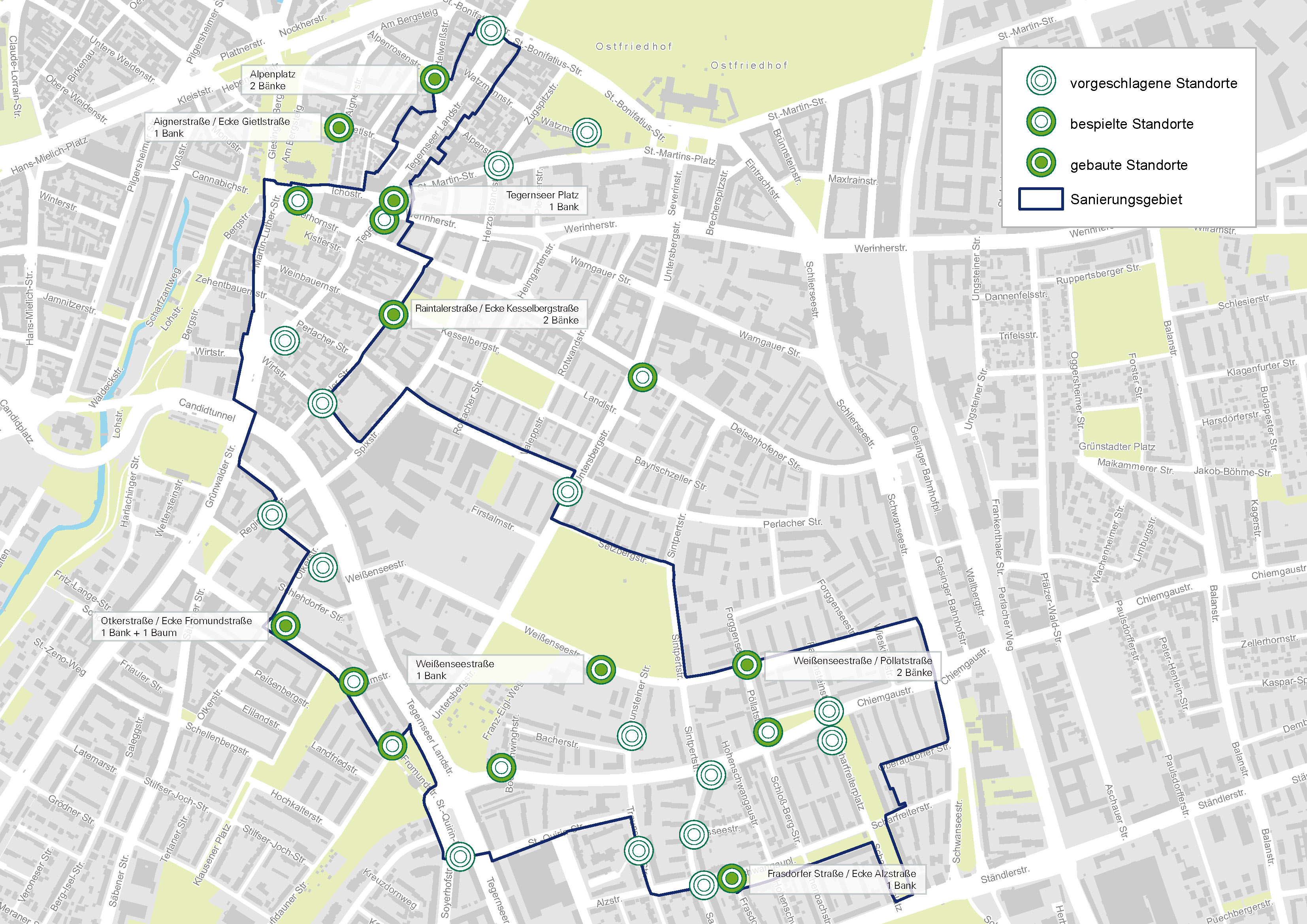 Übersichtskarte der vorgeschlagenen, gesteten und aufgestellten Bänke und gepflanzten Bäume